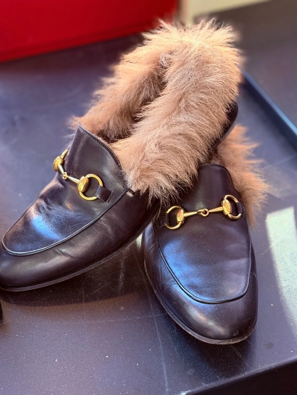 Gucci Black Leather Fur-Lined Princeton Loafers Sze 5.5 Men / Sze 9 Women
